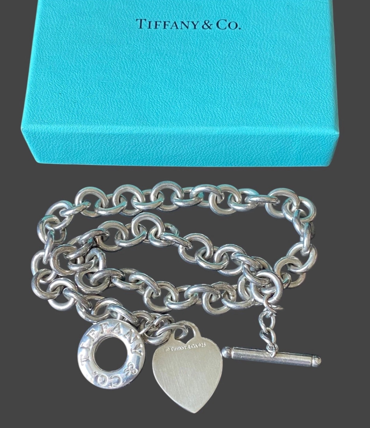 Tiffany & Co. Sterling Silver 925 Heart Tag Toggle Necklace 16.4” Box & Pouch