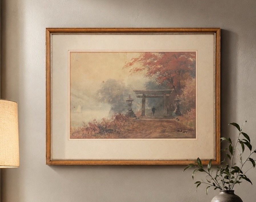 Original G. Yokouchi Watercolour Japanese Temple Gate Autumn Landscape c 1900