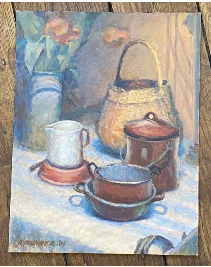 P. Plummer Signed Original Still Life Painting Flowers Cookware 2005 46x36cm