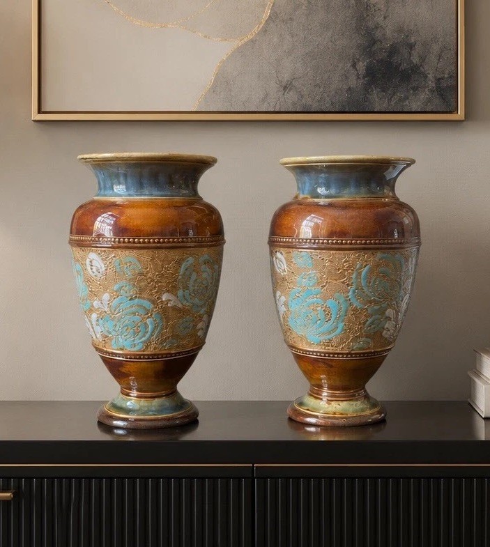 Pair Antique Doulton Lambeth Slater’s Patent Vases c1890-1910 Tall 18 cm