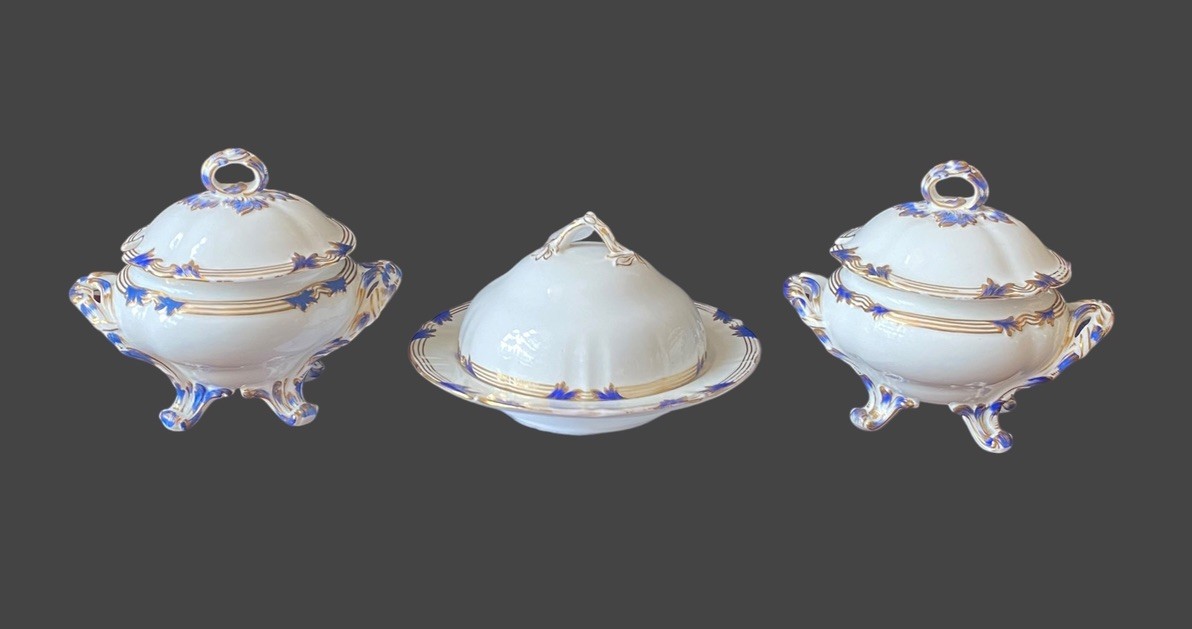 Antique Early Coalport Covered Tureen & Dome Cover Set C.1840 Blue & Gilt