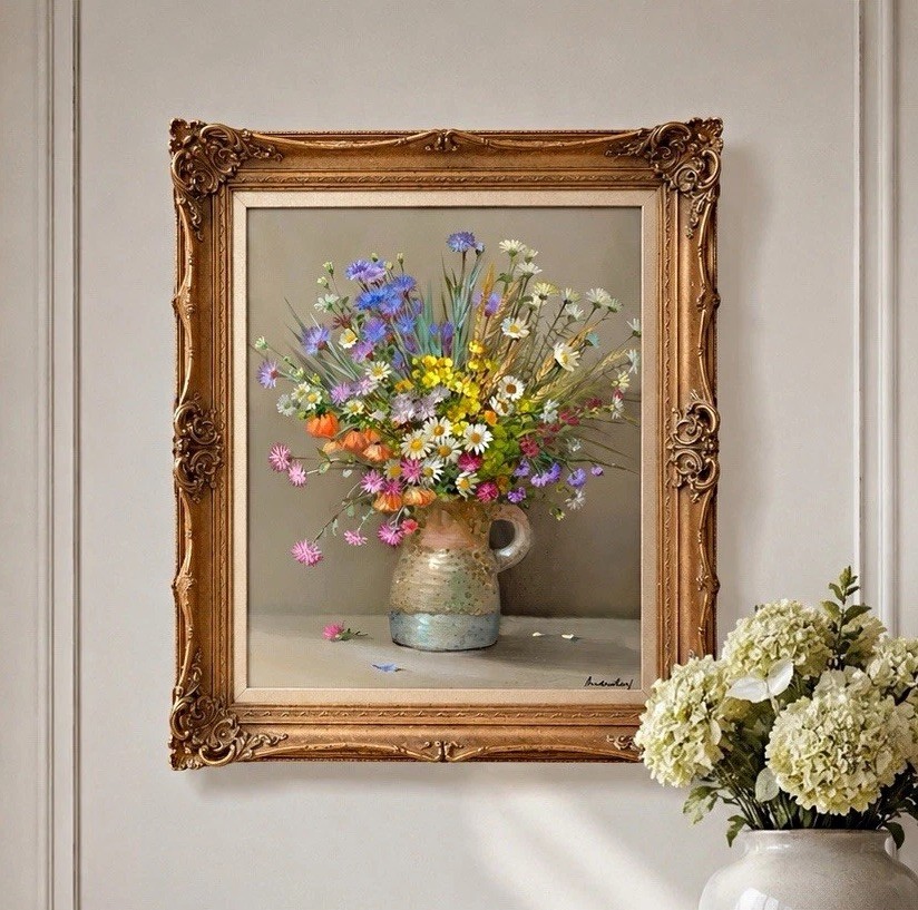 Vintage André Robert Signed Original Oil Painting Floral Still Life Gilt Frame