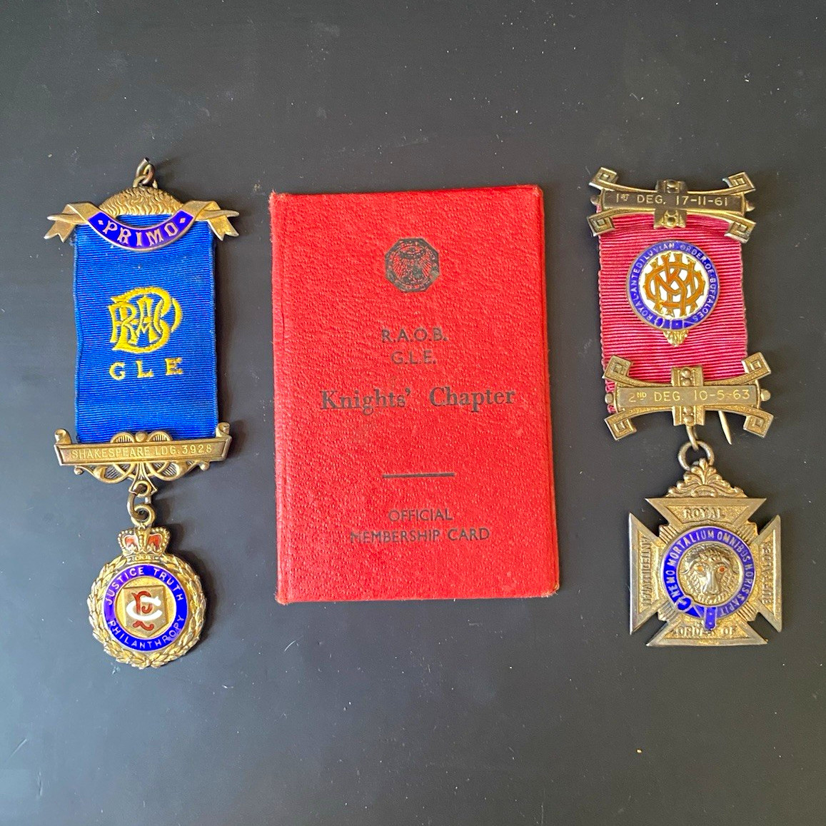 RAOB GLE Shakespeare Lodge 3928 Silver Gilt Medals & Card