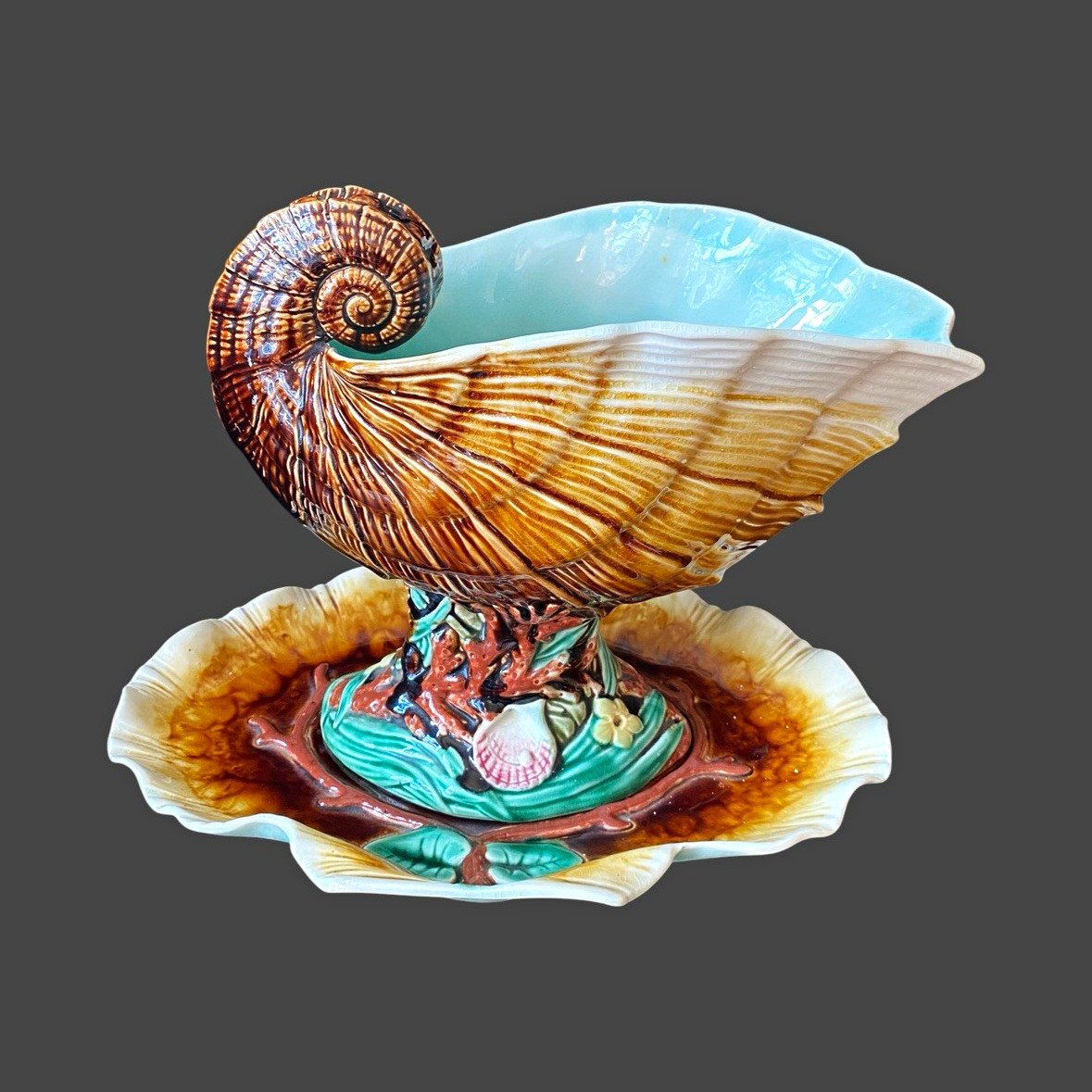 Rare Choisy Le Roi HB French Majolica Nautilus Shell Jardiniere & Original Stand