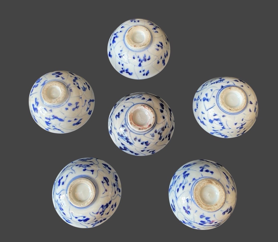 6x 19th C Chinese Blue White Tea Bowls Tek Sing Shipwreck Style diameter 8 cm