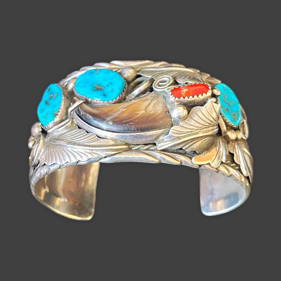 Signed M Thomas Jr Navajo Sterling Turqouise Coral Shell Wide Cuff Bracelet