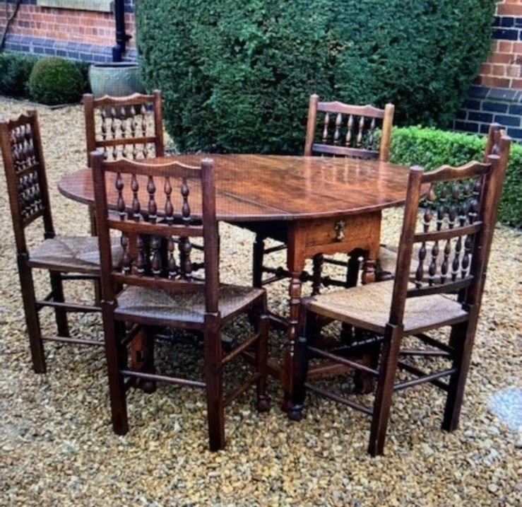 18th Century English Gateleg Dining Table & 6 Rush Chairs William & Mary Style