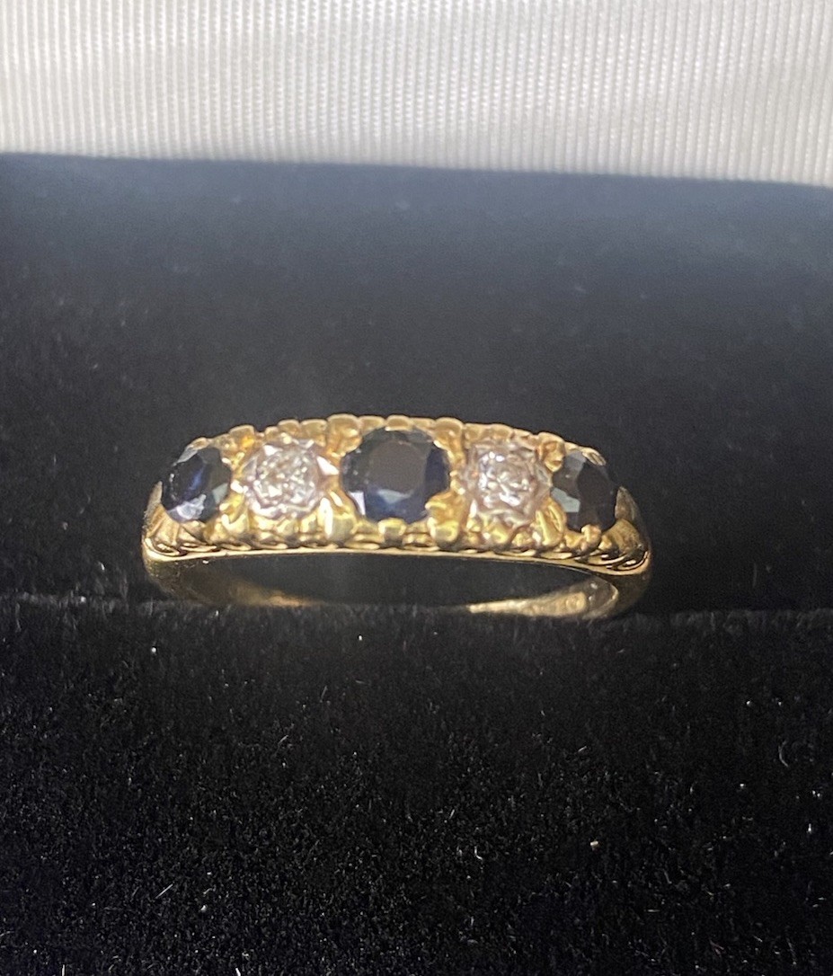 Vintage 18ct Gold Sapphire & Diamond Five Stone Ring Hallmarked Size L 1/2