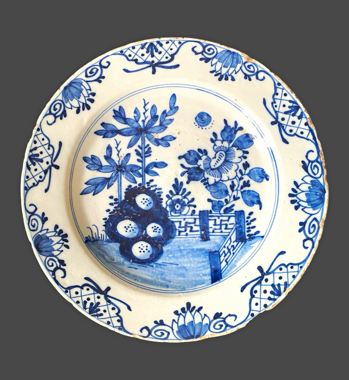 18thC Delftware Charger 34cm Blue & White Chinoiserie Garden & Fence Dish