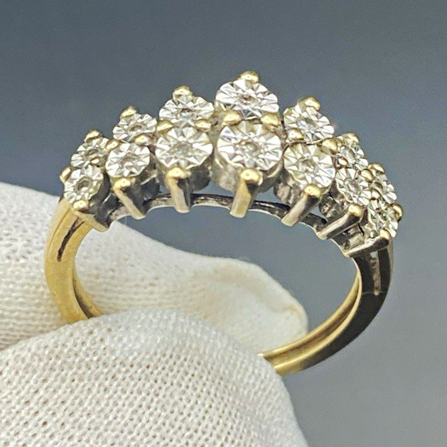 9ct Yellow Gold 9 Stone Diamond Cluster Ring Prong Set UK Size P