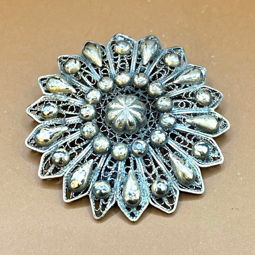 Antique 1890s Silver Filigree & Cannetille Design Round Brooch