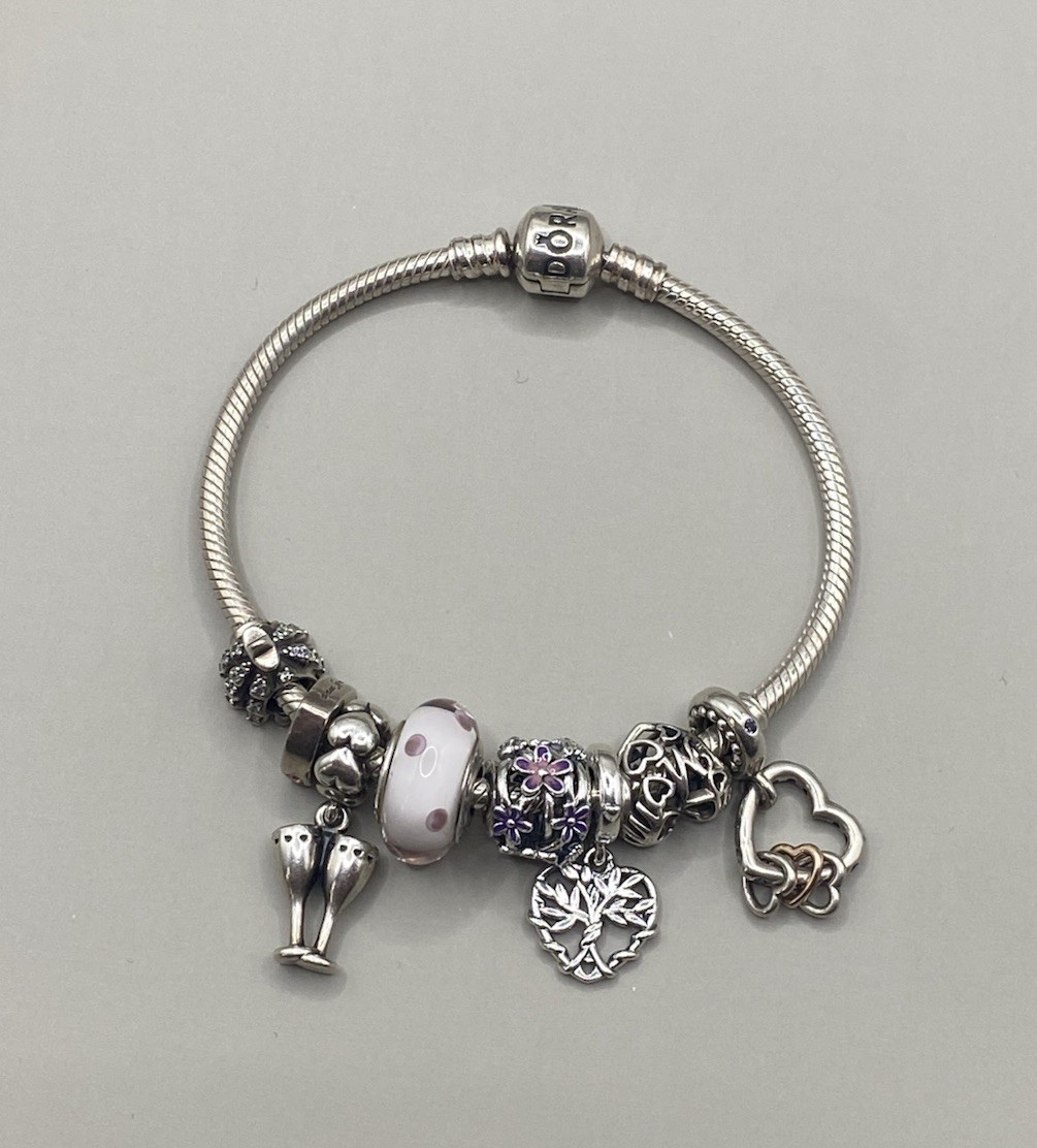 Authentic Pandora 925 Sterling Silver Bangle Bracelet with 8 Charms