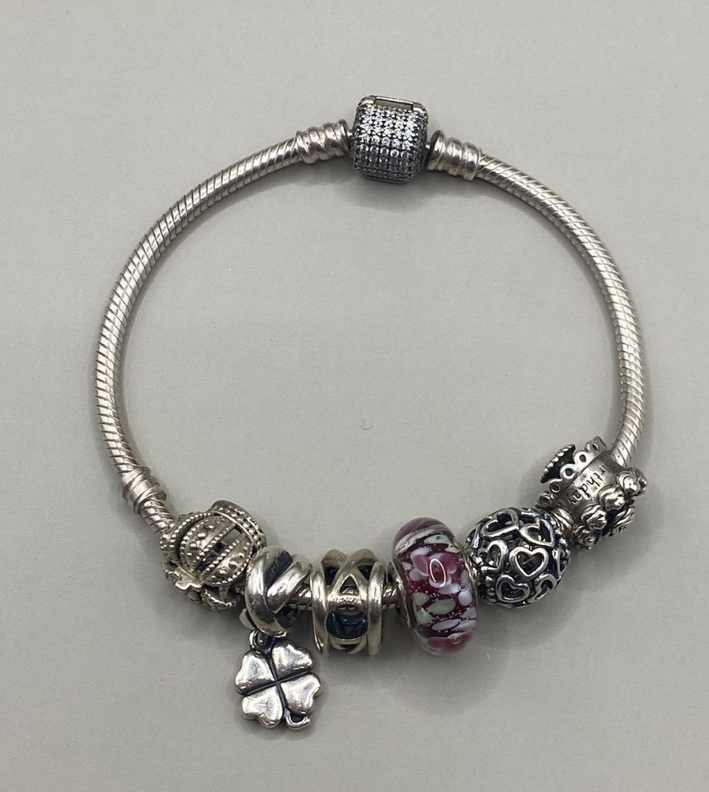 Authentic Pandora 925 Silver Bracelet 6 Charms Clover Pink Glass Pave Clasp