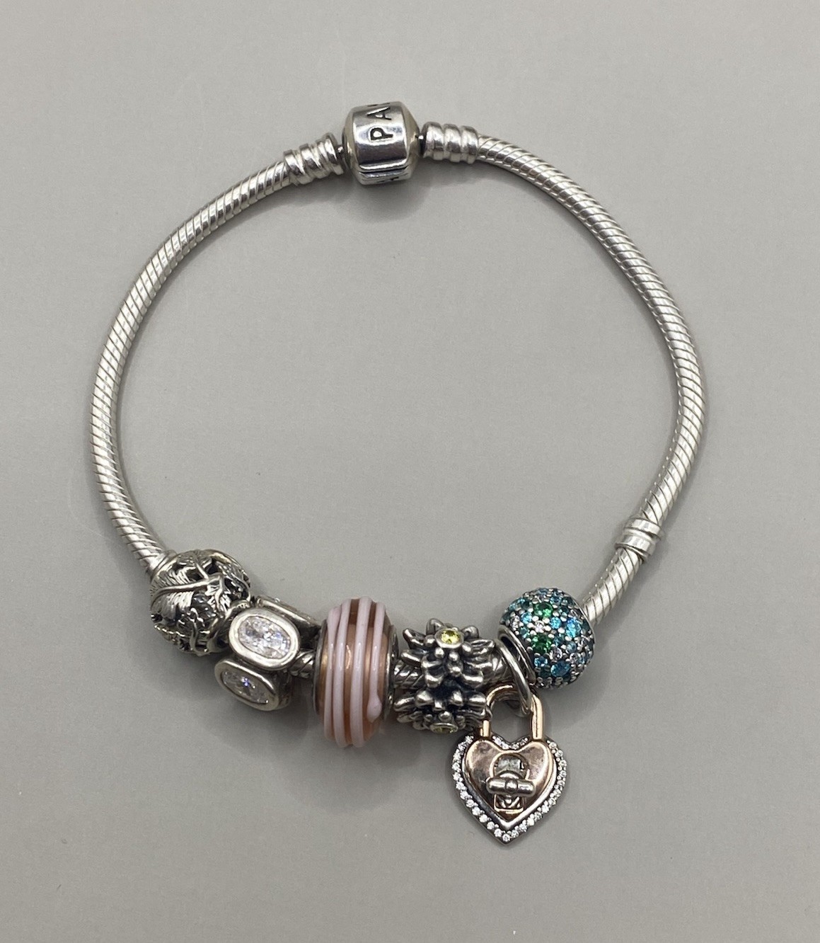 Authentic Pandora 925 Silver Bracelet 6 Charms Heart Padlock Pink Glass Flora