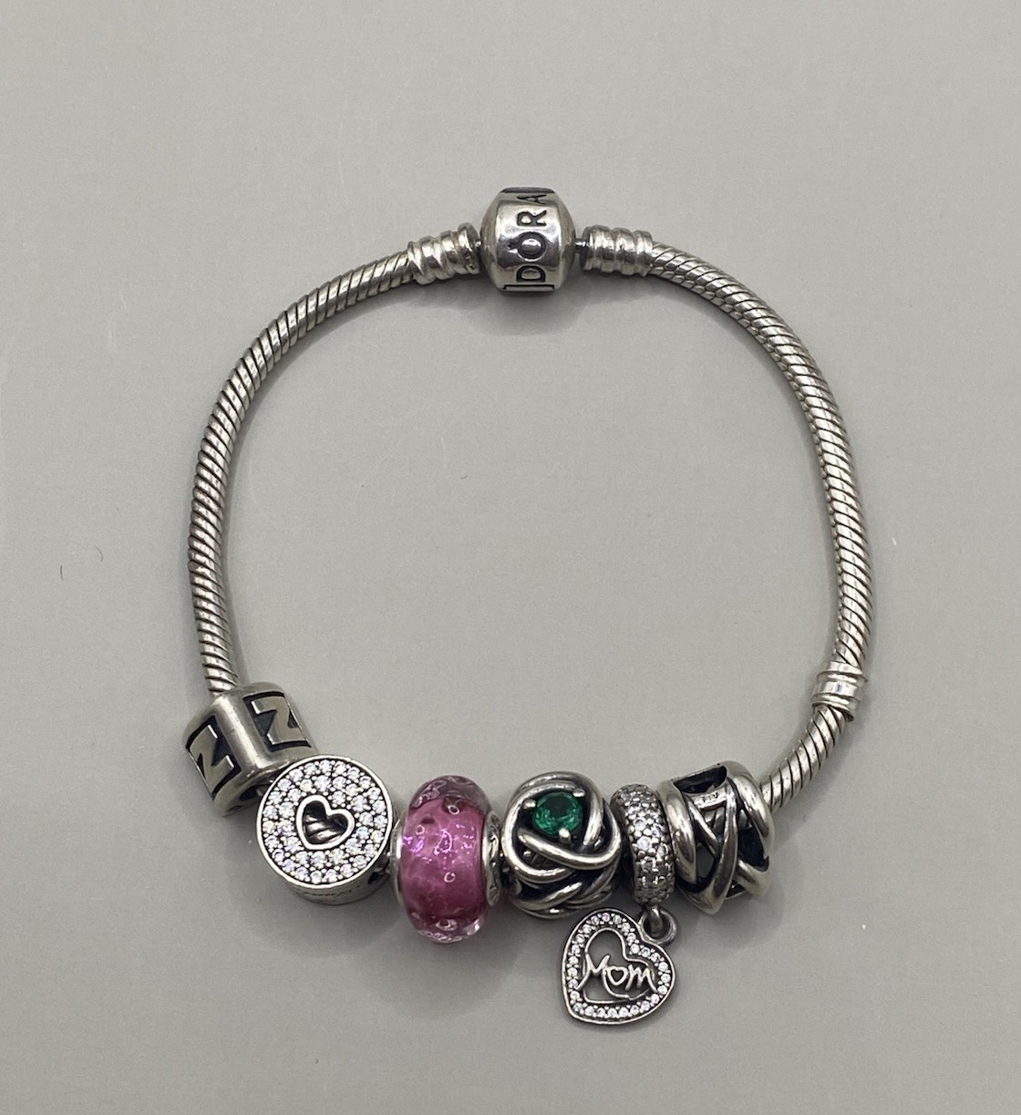 Authentic Pandora 925 Silver Bracelet 6 Charms Mom Heart Pink Glass Green Stone