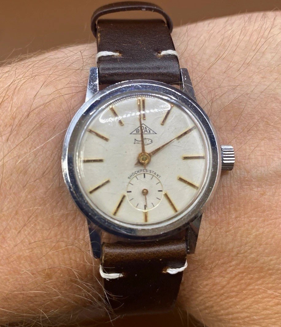 Vintage Brax Shockproof Manual Wind Cream Dial Small Seconds Brown Strap 32.85mm