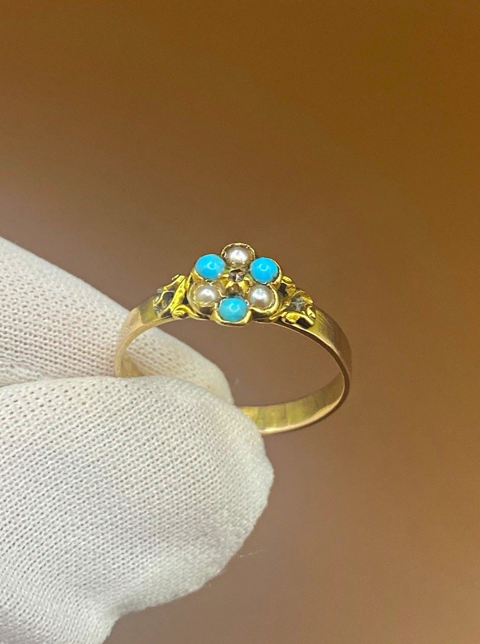 Antique Victorian 9ct Gold Turquoise Pearl Diamond Cluster Ring UK P½