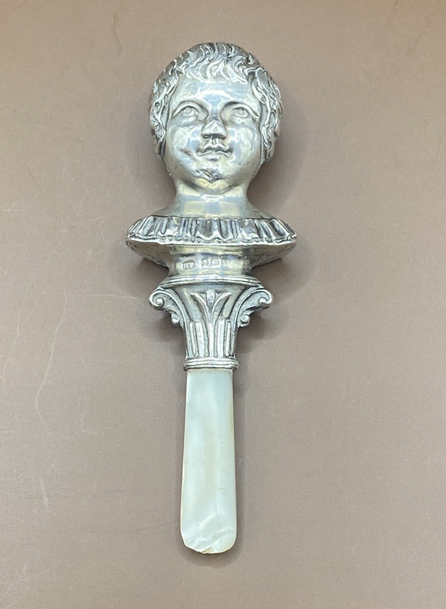 Rare 1908 Edwardian Sterling Silver Baby Rattle Robert Pringle MOP Handle