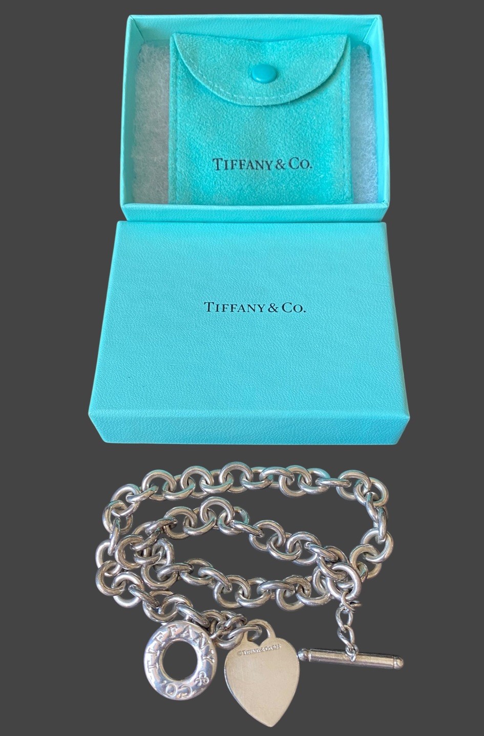 Tiffany & Co. Sterling Silver 925 Heart Tag Toggle Necklace 16.4” Box & Pouch