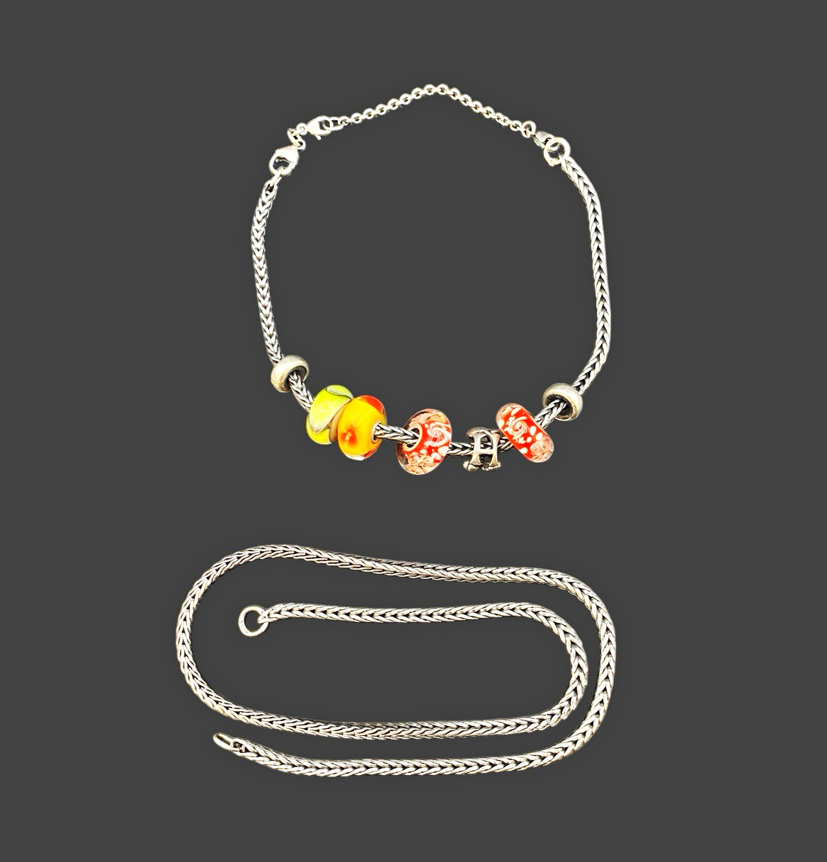 Authentic Trollbeads 925 Silver Foxtail Bracelet 20cm + Necklace 40cm Glass Bead