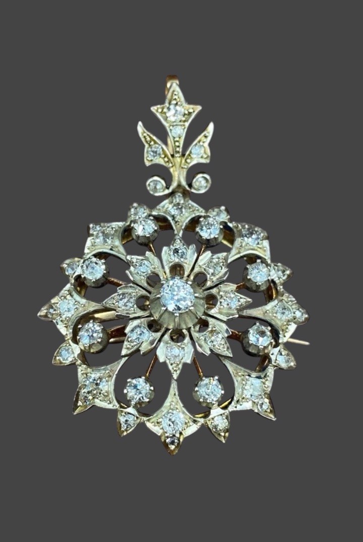 Antique Victorian Old Cut Diamond Brooch Pendant Silver Gold c1890 Convertible