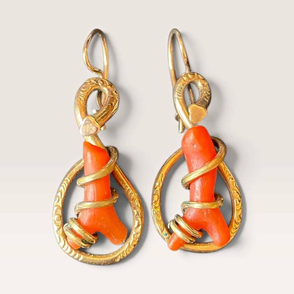 Antique Victorian Red Branch Coral Drop Earrings Gilt 9ct Gold Ear Wires c1870