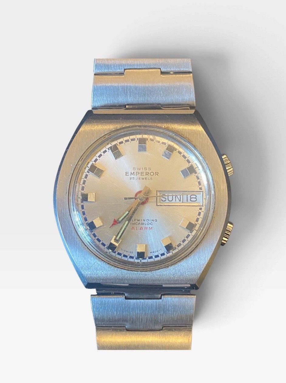 Vintage Mens SWISS EMPEROR ALARM 25 Jewels Automatic Stainless Steel Wristwatch