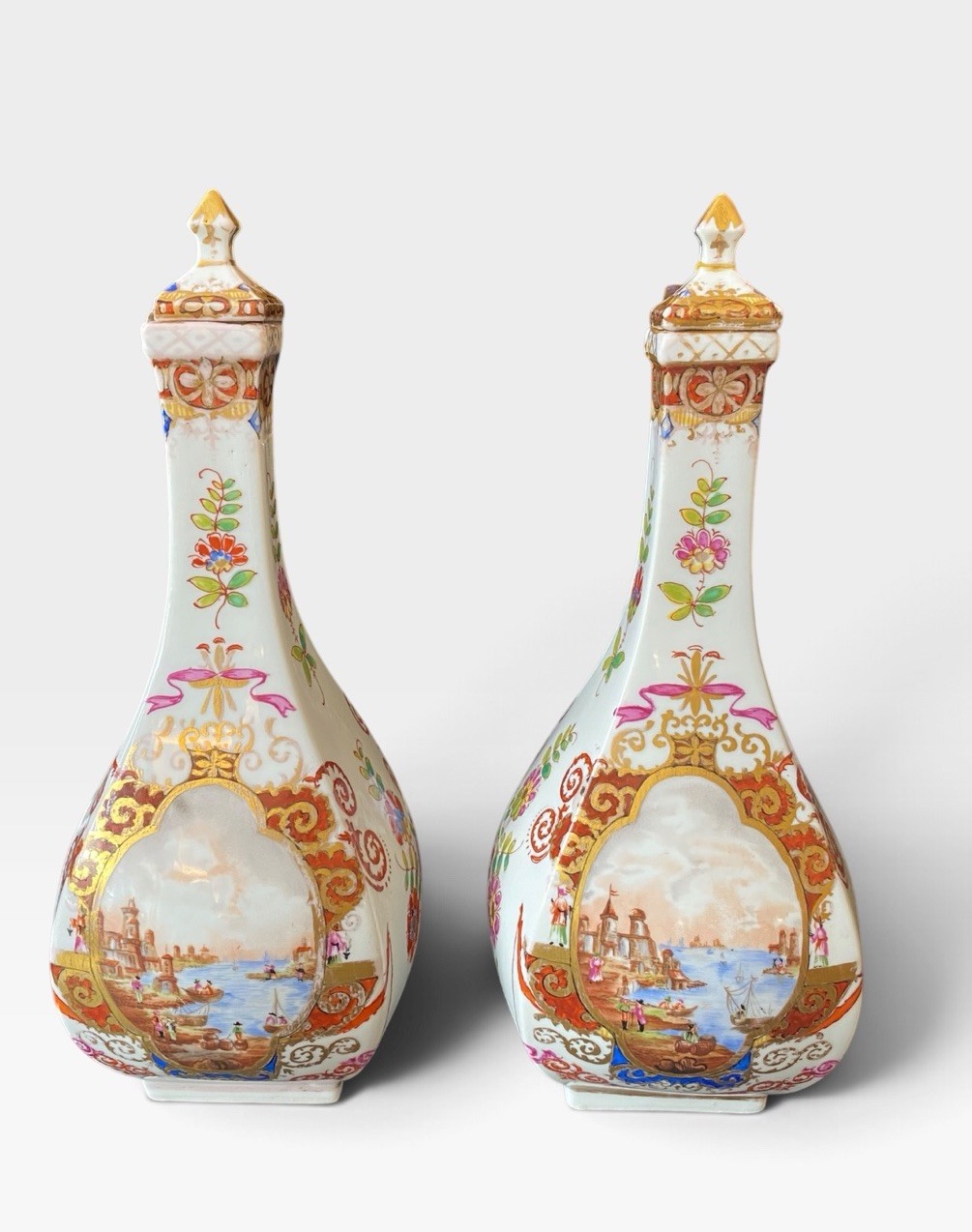 Pair Helena Wolfsohn Dresden Meissen Blank Bottle Vases Covers Harbour Scenes