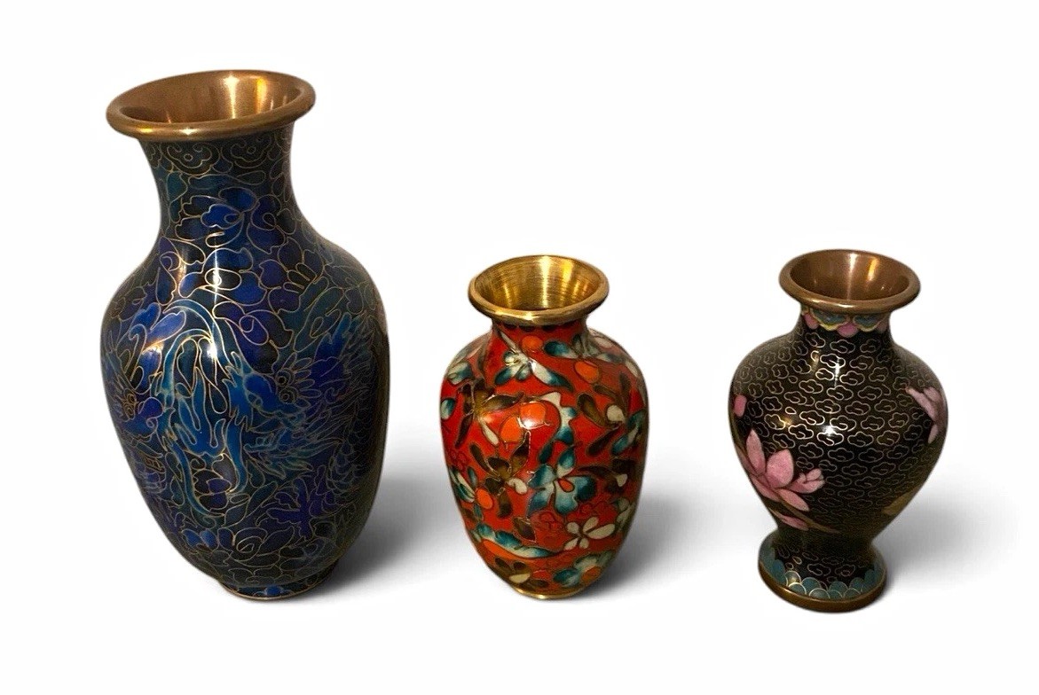 3 Vintage Chinese Cloisonne Enamel Vases Dragon Blue Red Black Floral Small Lot