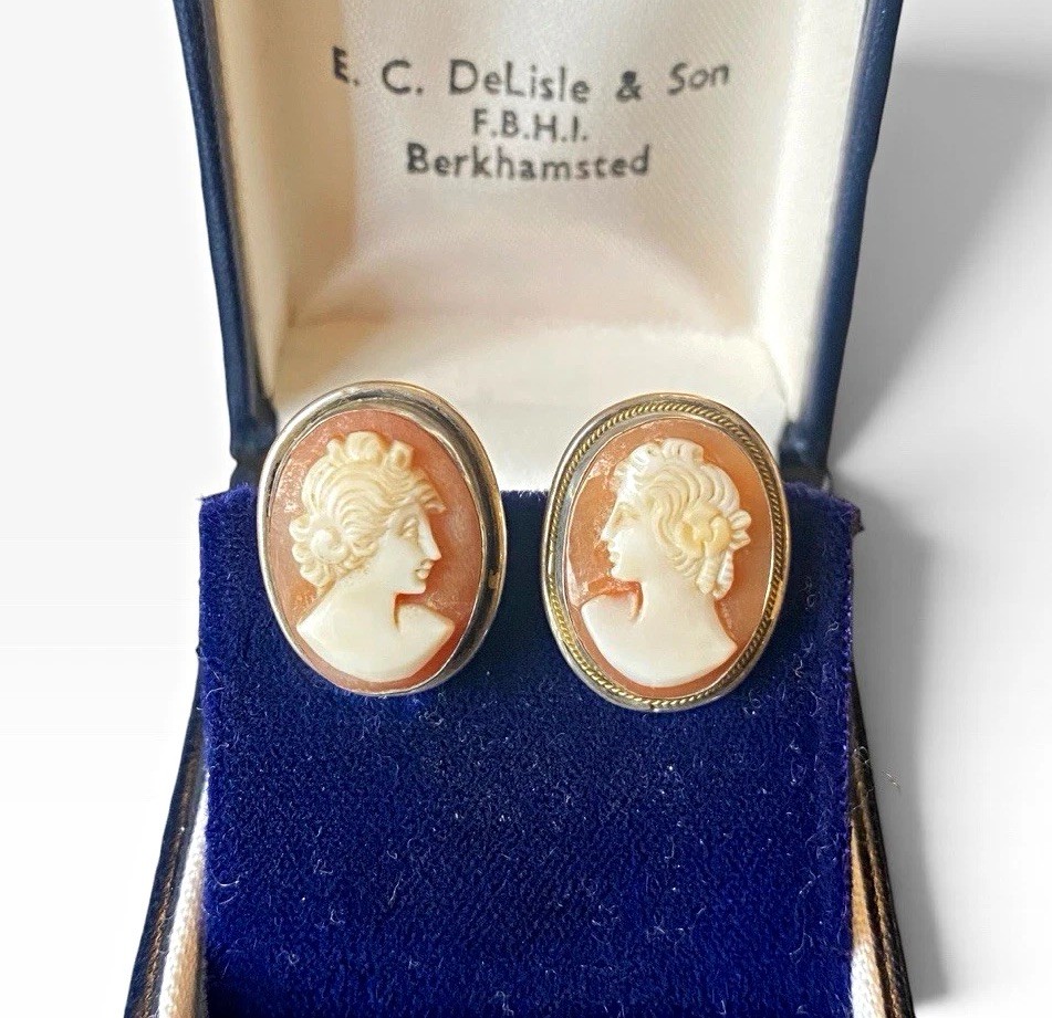 Antique Sterling Silver 925 Shell Cameo Screw Back Earrings Carved Lady Profile